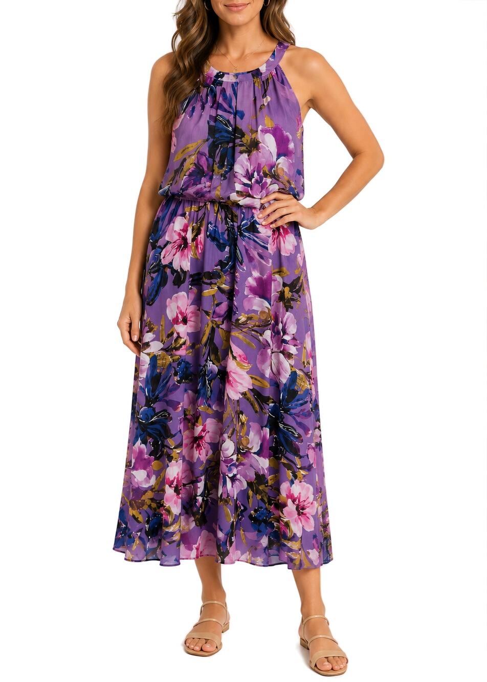 Robbie Bee Purple Floral Chiffon Midi Dress 14 Halter Blouson Lined Sleeveless